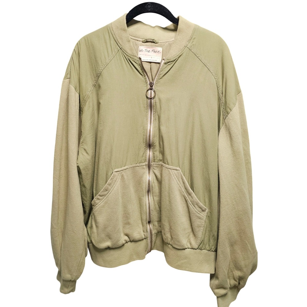 We The Free Olive Green Bomber Jacket Size L Oversized Quilted Front Zipper - Picture 2 of 5
